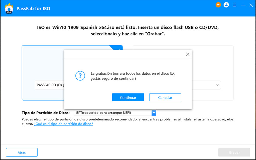 confirmar a grabar usb