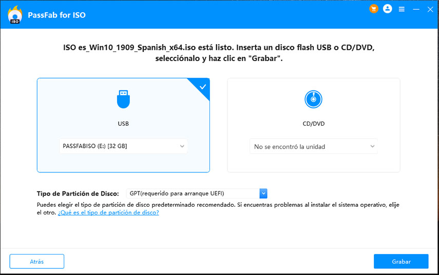 seleccionar usb y tipo de partición de disco para crear un disco de arranque
