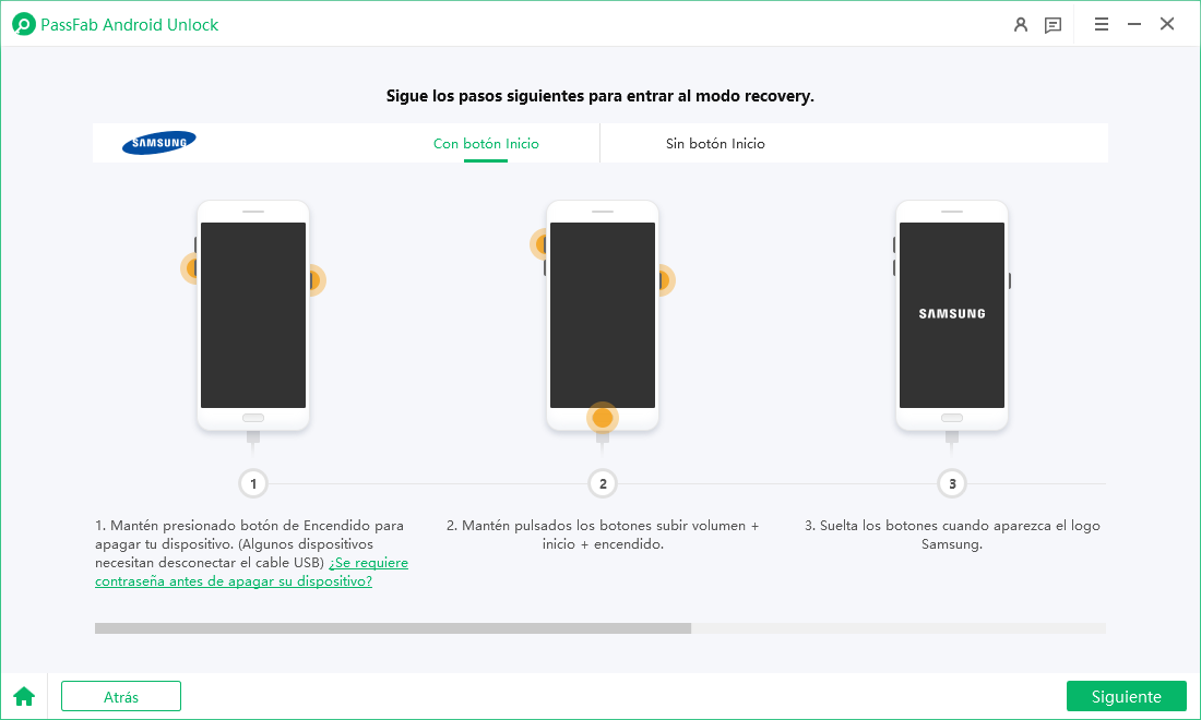 Instrucciones en pantalla para poner el teléfono en el modo requerido.