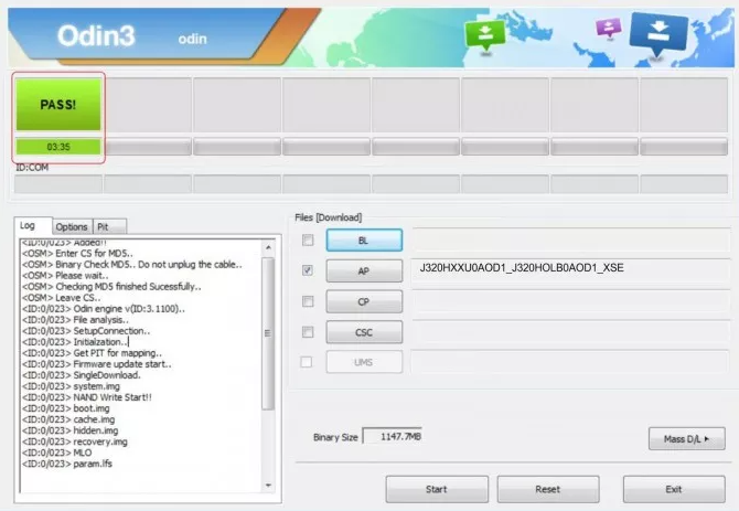 Al terminar, Odin mostrará PASS