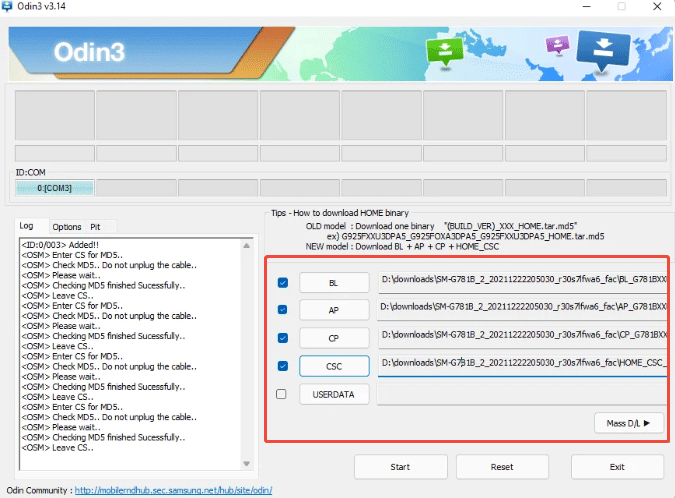 carga los archivos del firmware en las ranuras correspondientes
