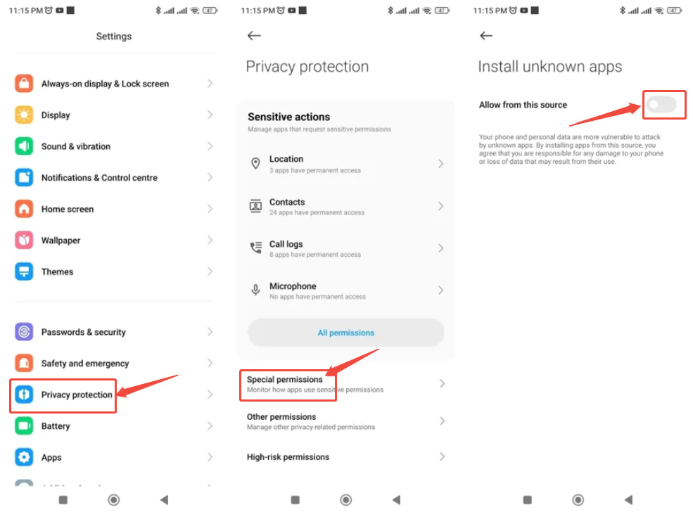 Habilita las fuentes desconocidas para el APK modificado de Polubuzz.
