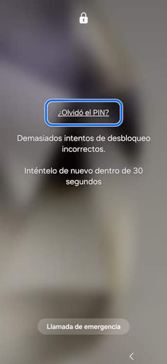 Pantalla de bloqueo Samsung mostrando el enlace ¿Olvidó el PIN?