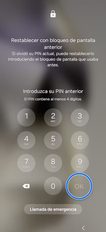 Introducir el PIN anterior en la opción ¿Olvidó el PIN? de Samsung