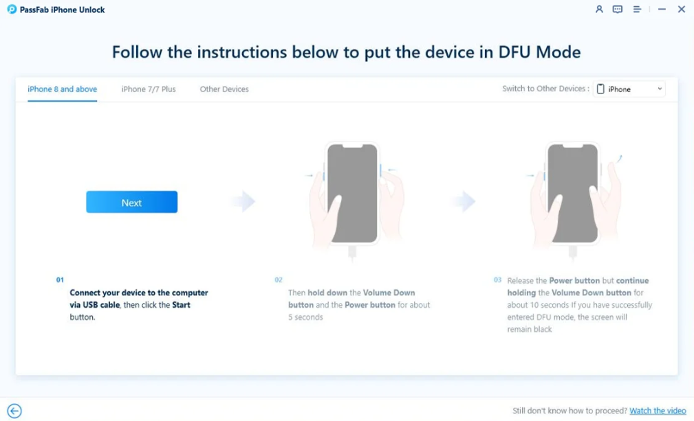 sigue las instrucciones que verás en pantalla para cambiar de Modo Recuperación a Modo DFU