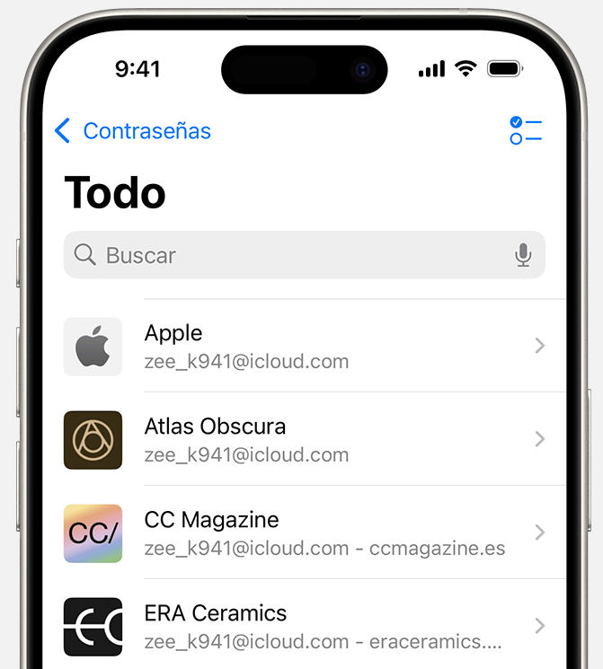 En la lista de contraseñas guardadas, busca iCloud