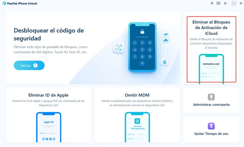 Descarga PassFab iPhone Unlock y abre el programa. Luego selecciona Eliminar bloqueo de activación de iCloud