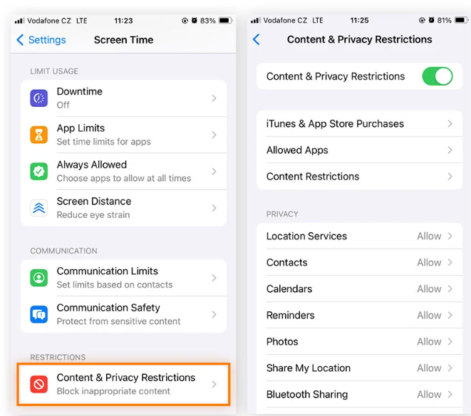 Desactiva el interruptor de Restricciones de contenido y privacidad