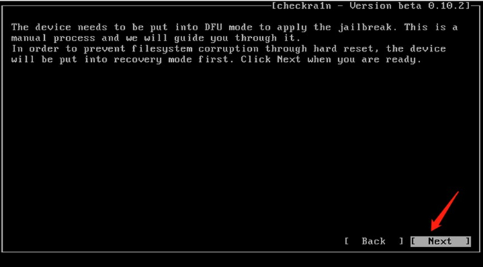 seleccionar next para entrar en modo dfu